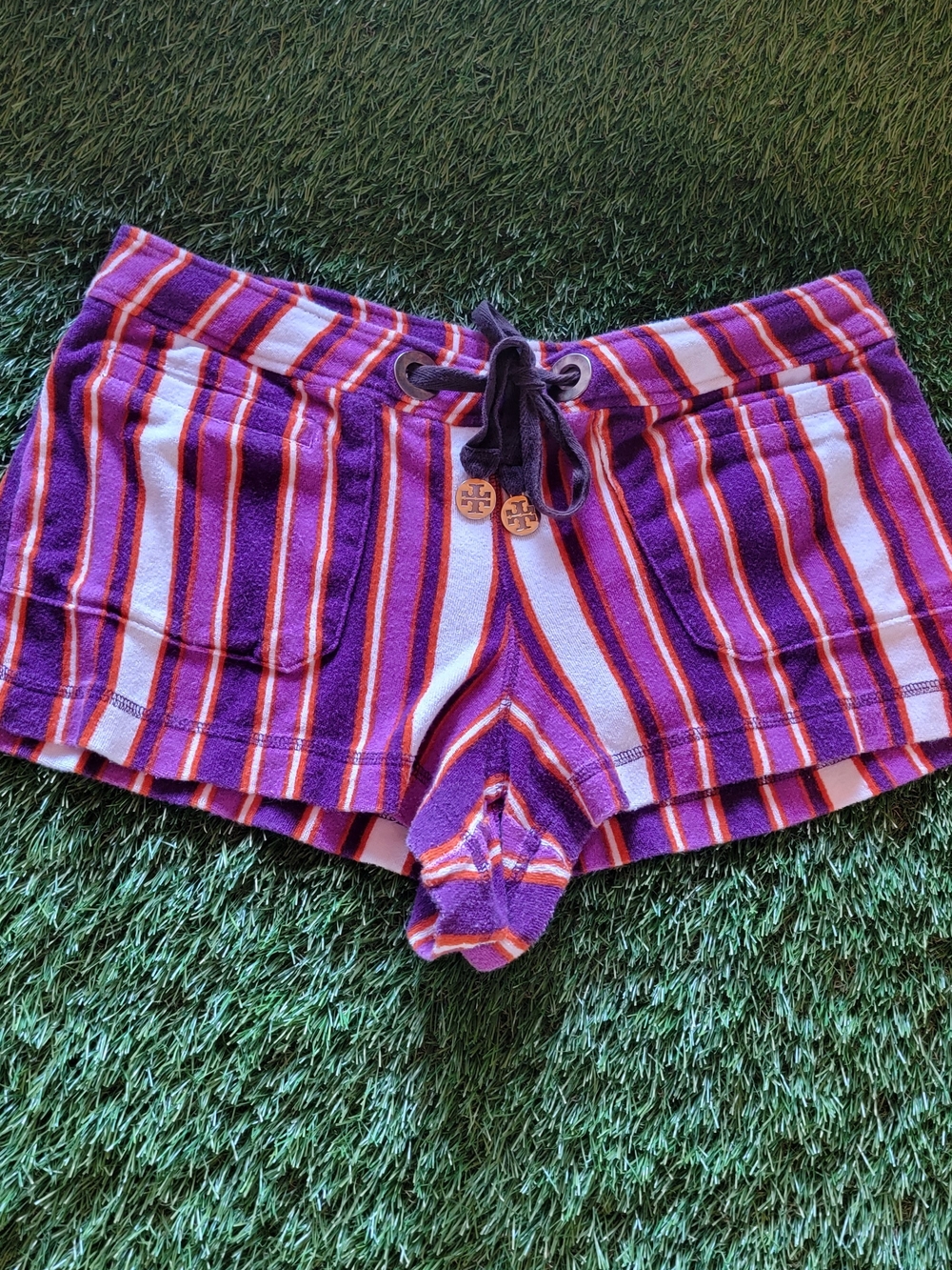 Tory Burch Purple,Fuchsia, Orange & White Striped Terry Shorts M